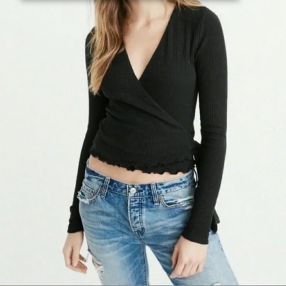 Abercrombie & Fitch Ruffle Black Ribbed Long Sleeve Wrap Sweater Top